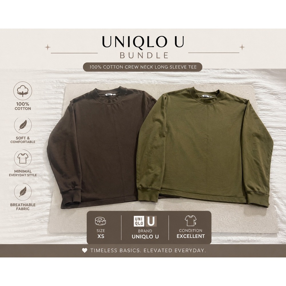 Uniqlo U Womens XS Long Sleeve Crew Neck T-Shirt Bundle Brown Olive Green 2 Pack